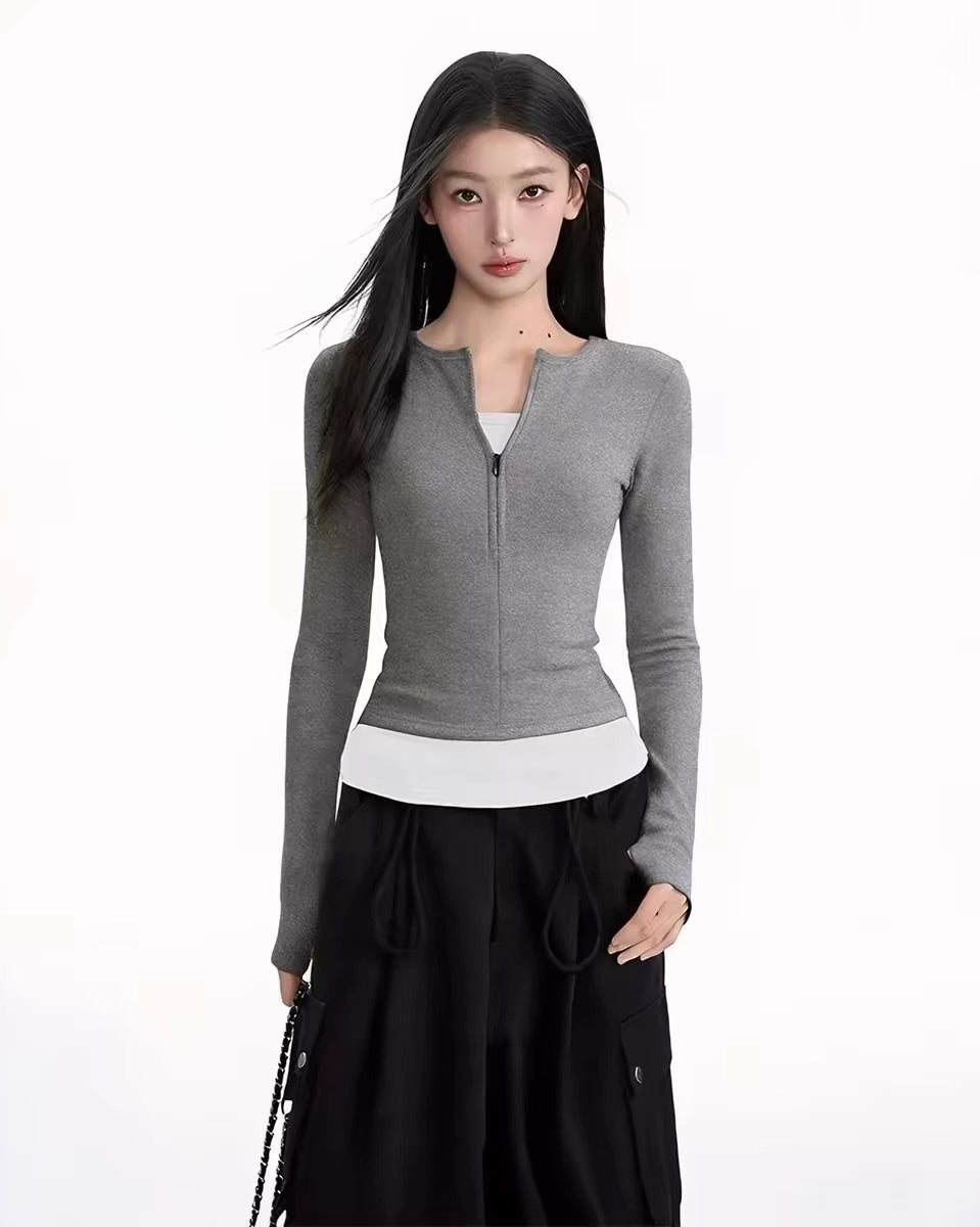 Fitted Zip-Up Long-Sleeve Top