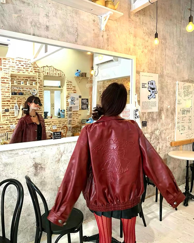 Vintage Wine Red Leather Jacket