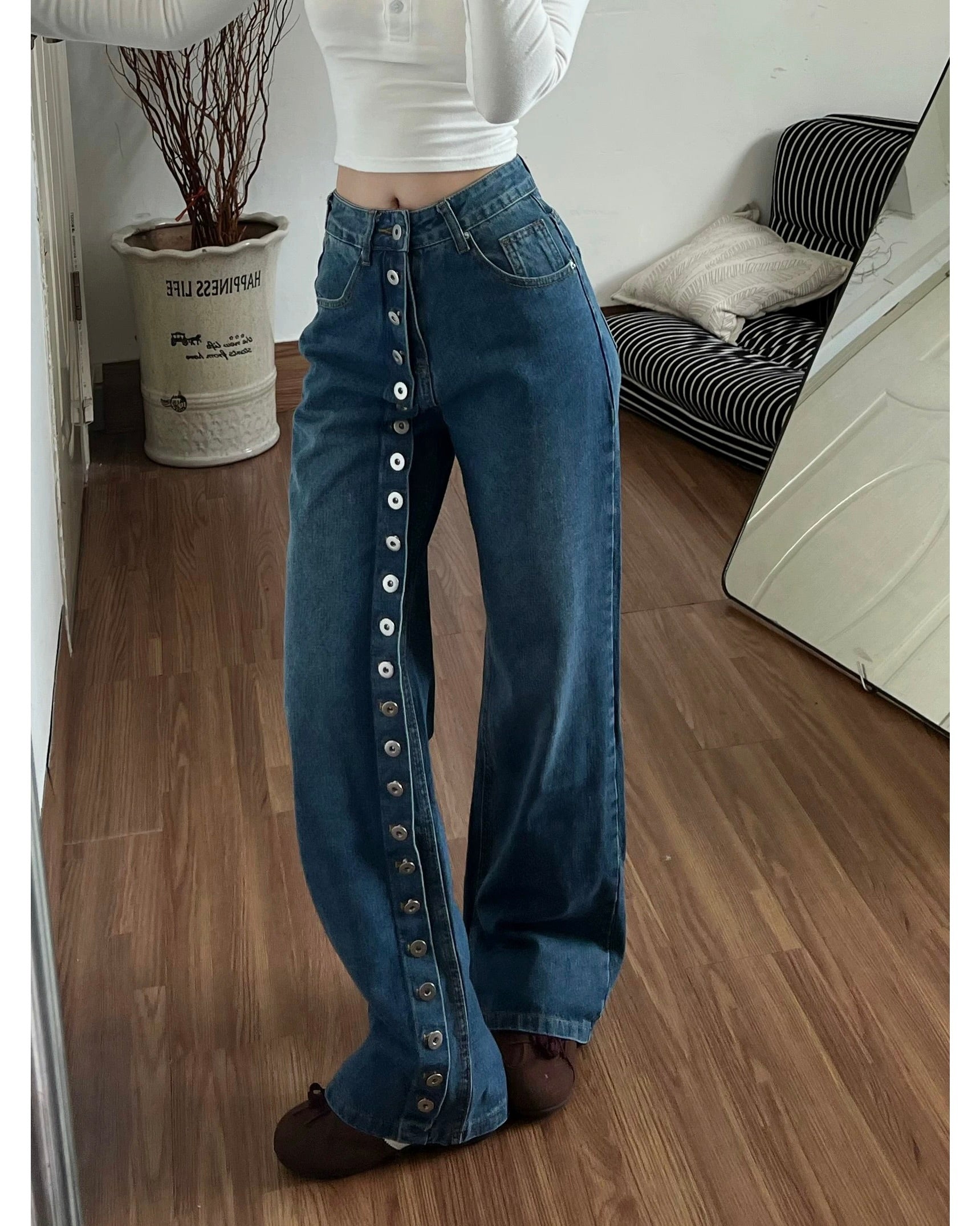 Side Button Wide Jeans 👖✨