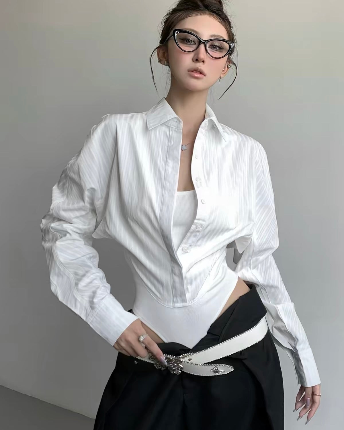 Satin Cropped Button-Up Shirt