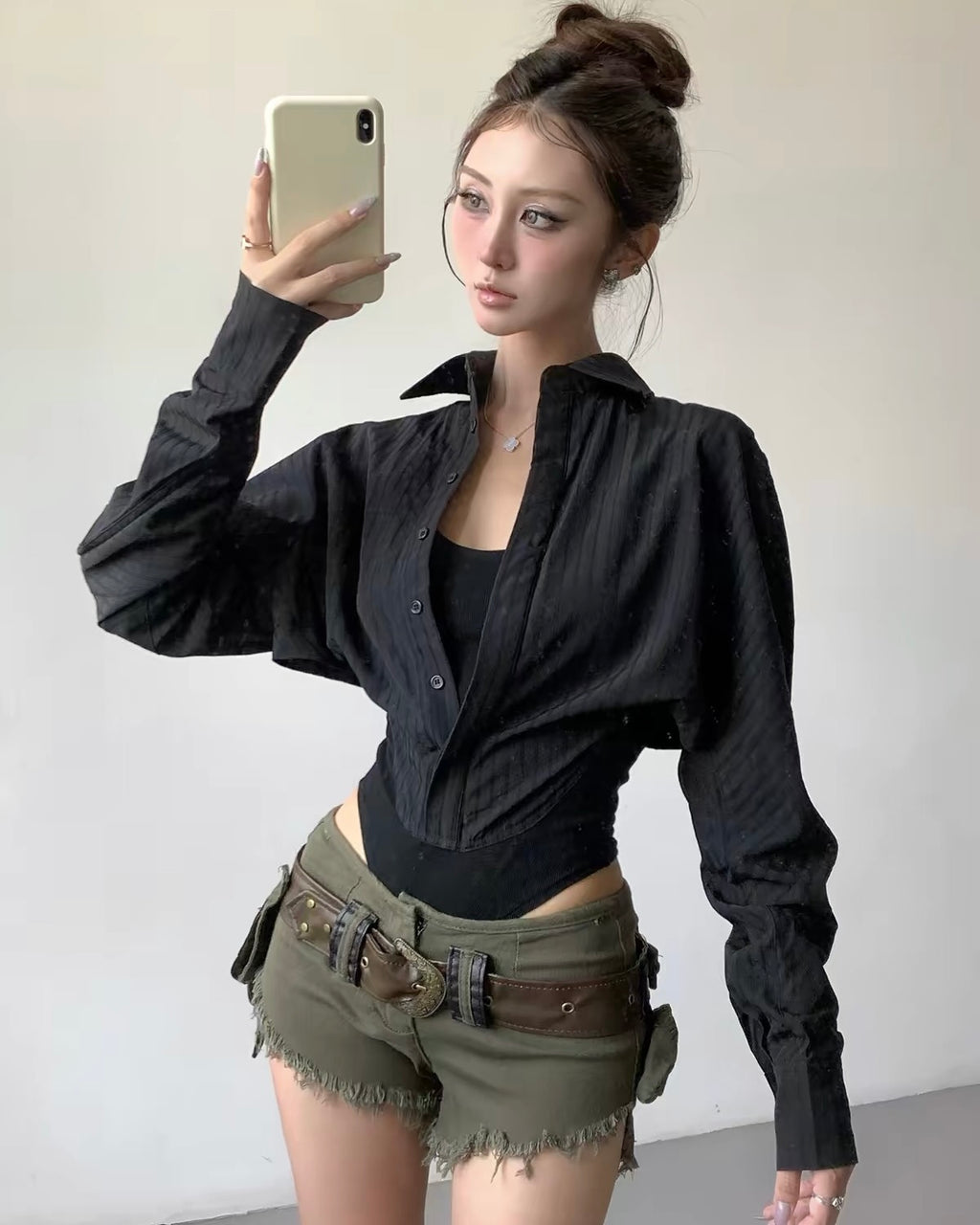 Satin Cropped Button-Up Shirt