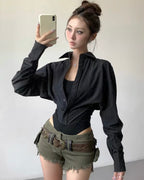Satin Cropped Button-Up Shirt