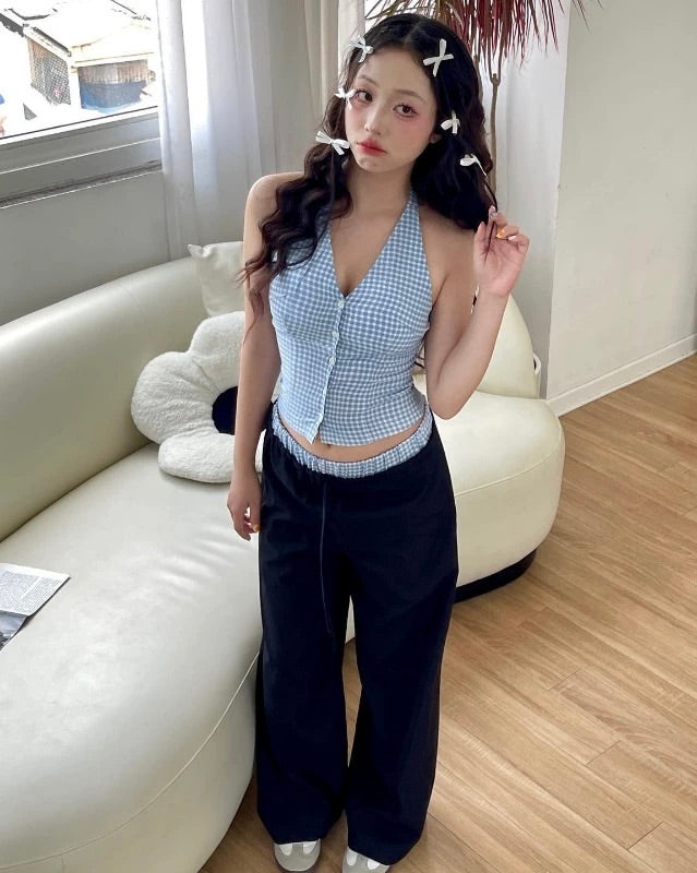Blue Gingham Halter Top + Wide Leg Pants Set 💙