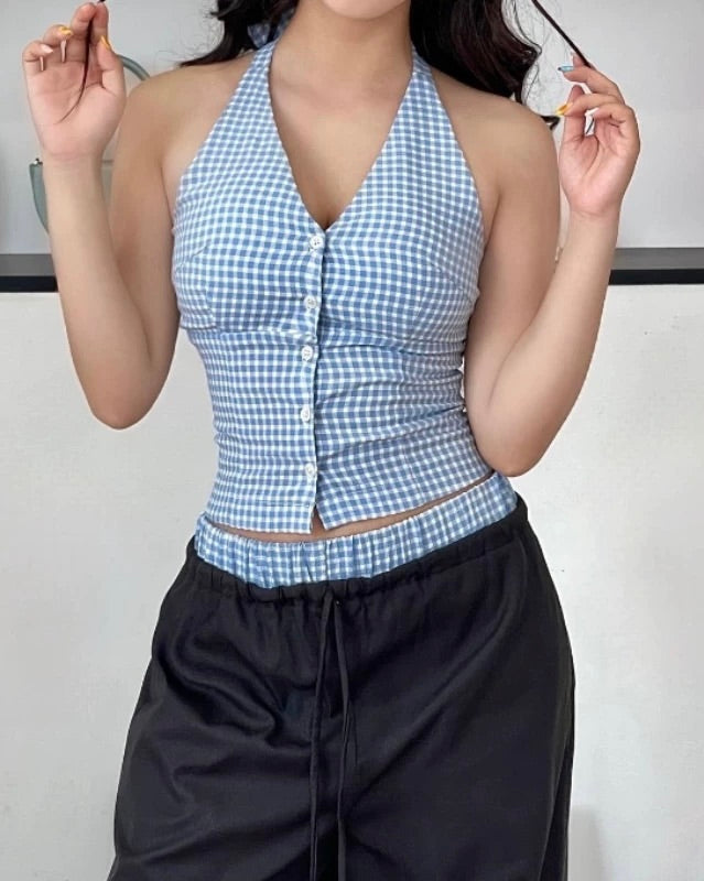 Blue Gingham Halter Top + Wide Leg Pants Set 💙