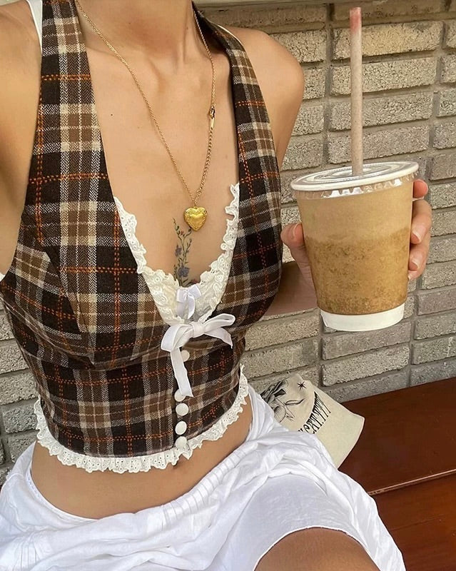 Vintage Plaid Halter Top 🤎