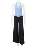 Blue Gingham Halter Top + Wide Leg Pants Set 💙