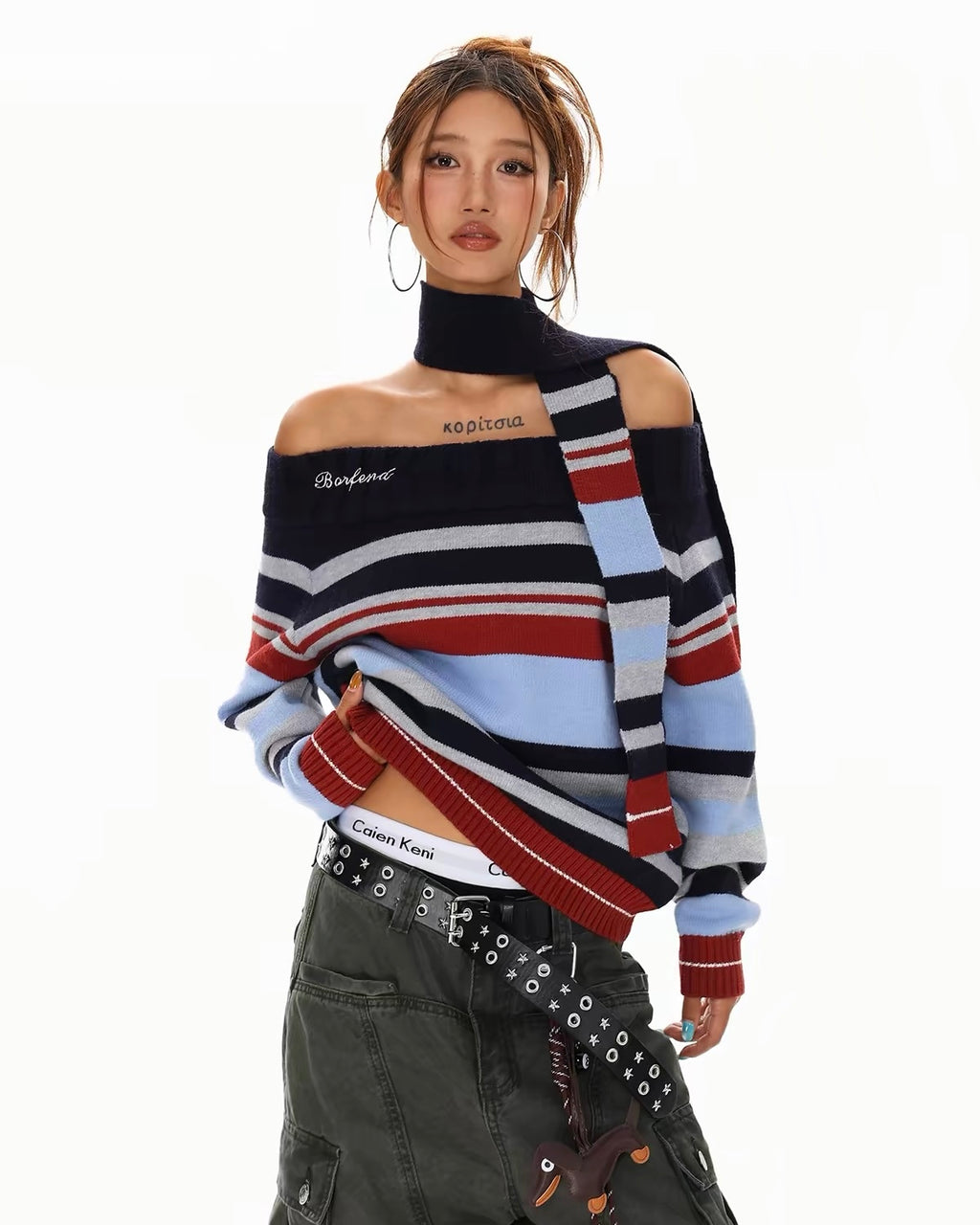 Striped Off-Shoulder Knit Sweater