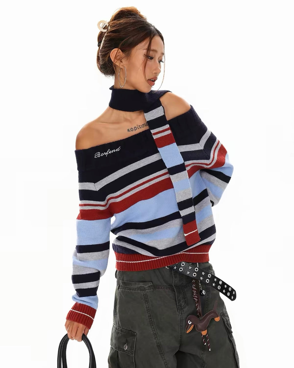 Striped Off-Shoulder Knit Sweater