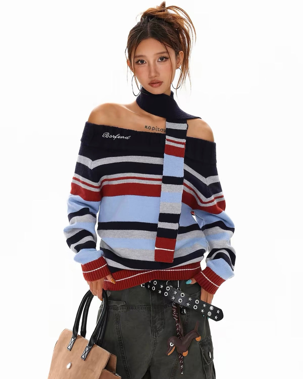 Striped Off-Shoulder Knit Sweater