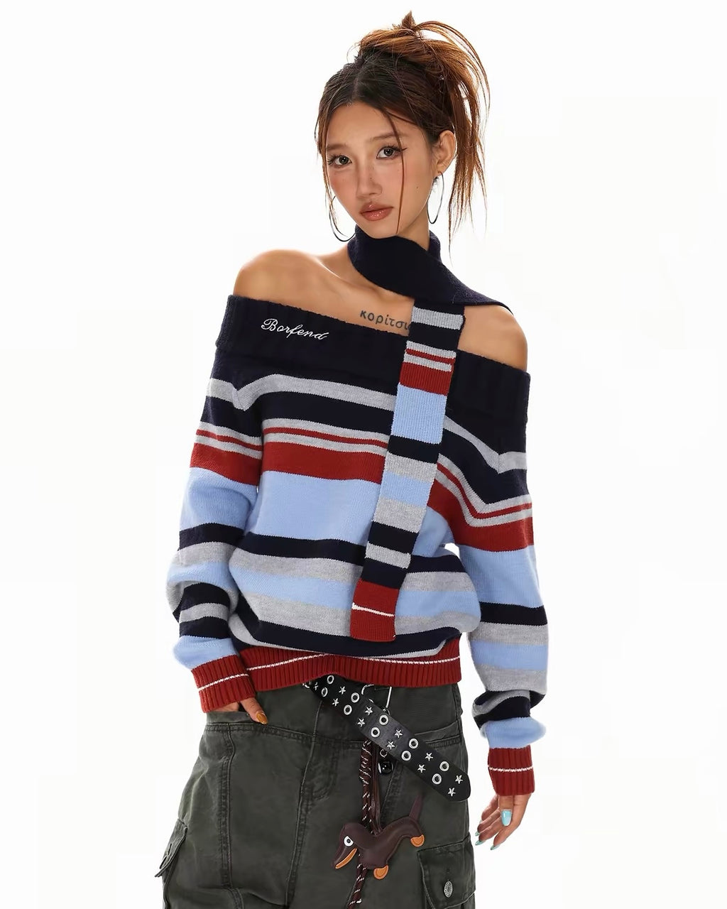 Striped Off-Shoulder Knit Sweater