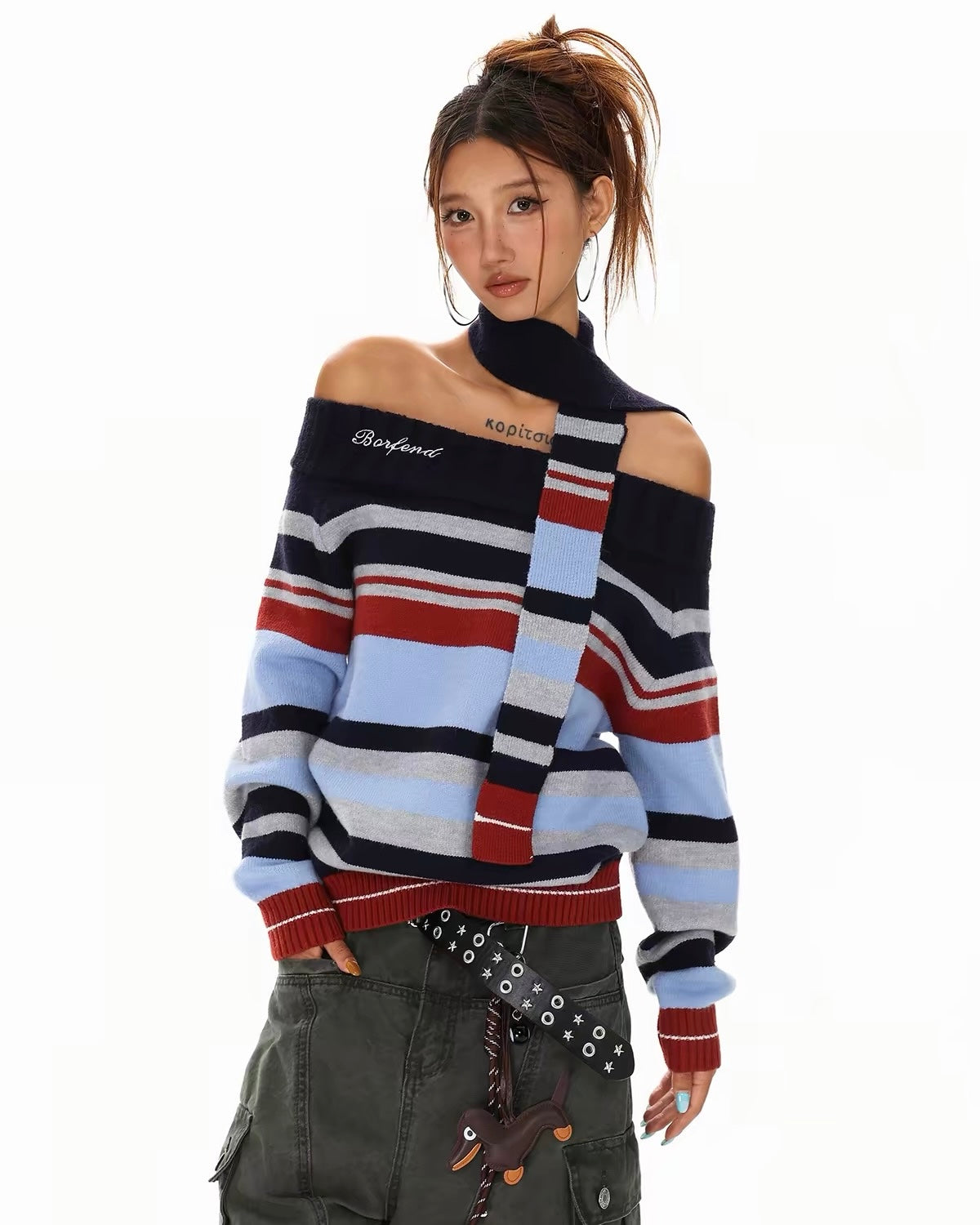 Striped Off-Shoulder Knit Sweater