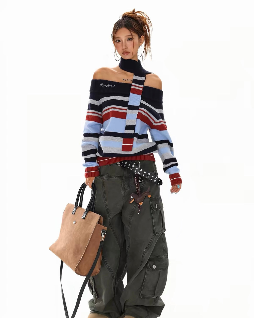 Striped Off-Shoulder Knit Sweater