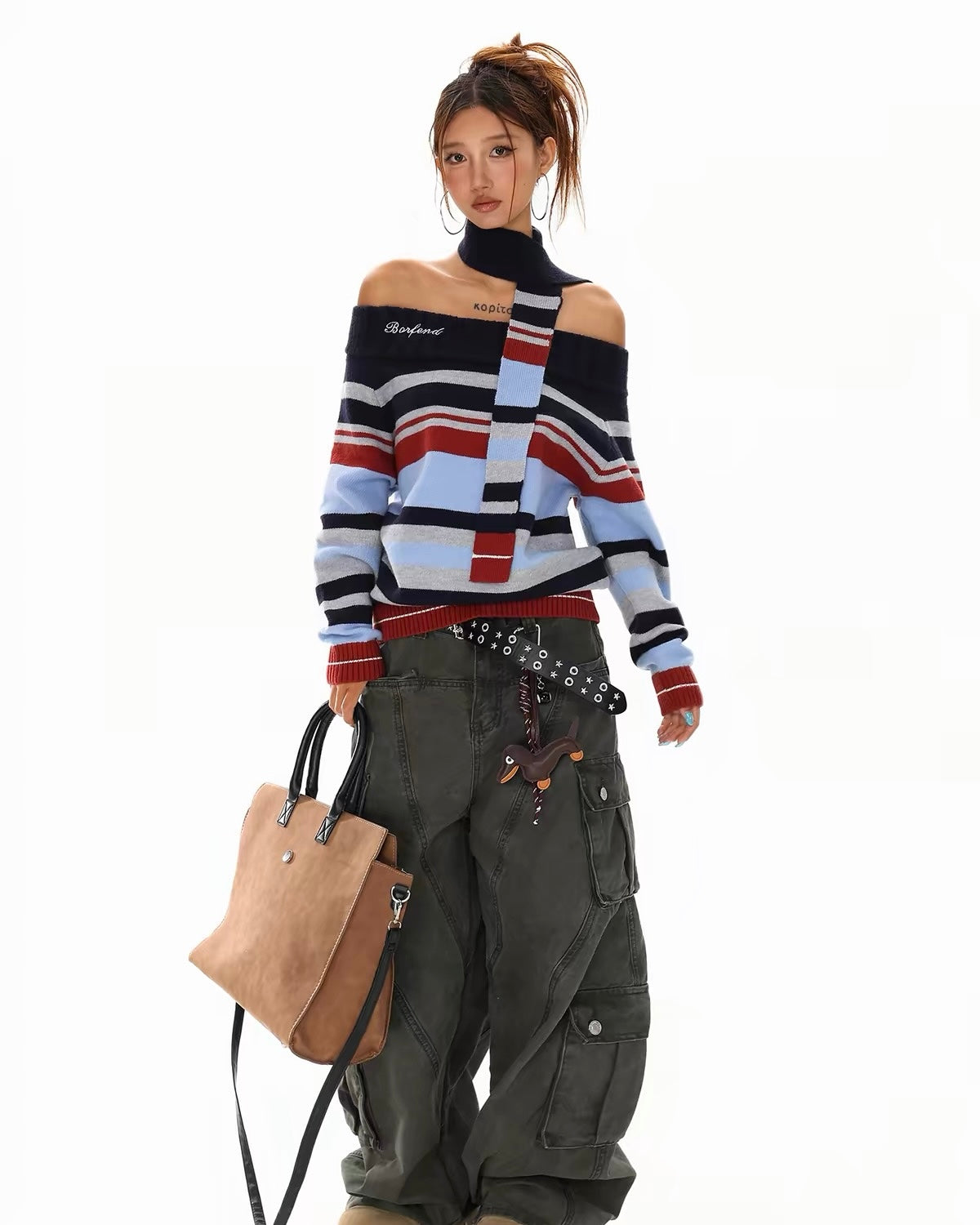 Striped Off-Shoulder Knit Sweater