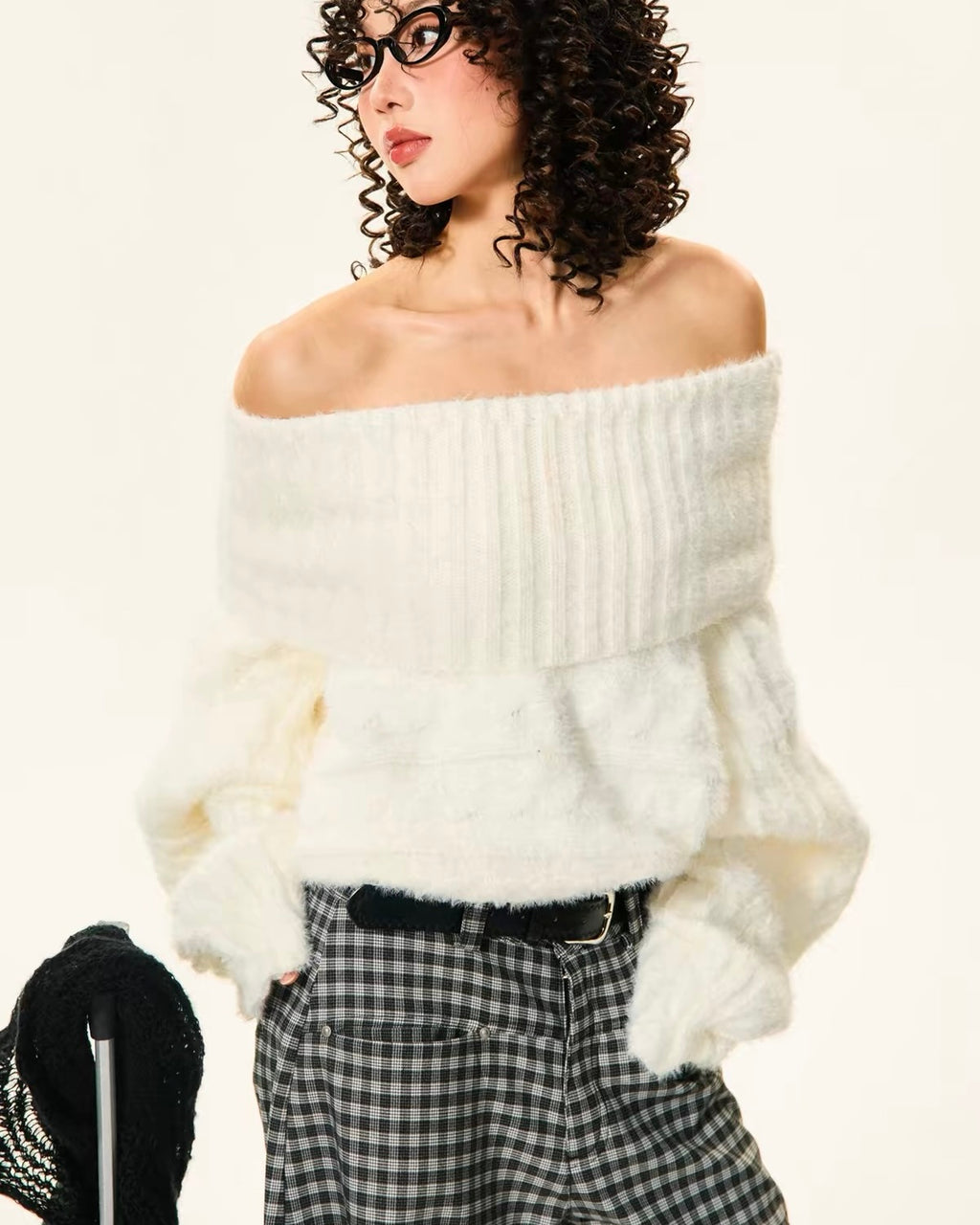 Off-Shoulder Fuzzy Knit Sweater