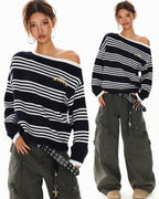 Off-Shoulder Striped Knit Sweater