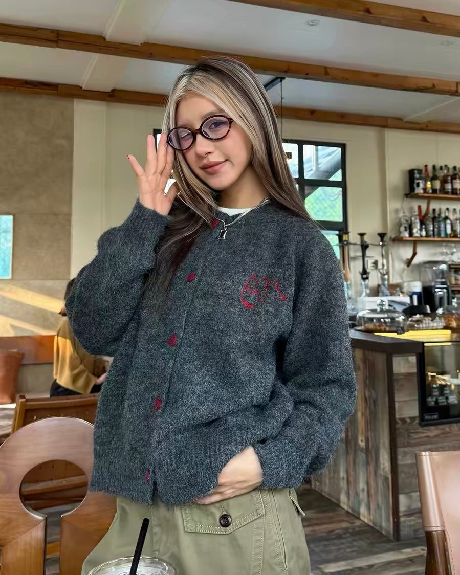 Heart Button Fuzzy Cardigan