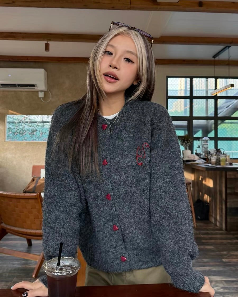 Heart Button Fuzzy Cardigan