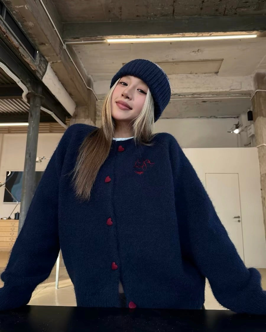 Heart Button Fuzzy Cardigan