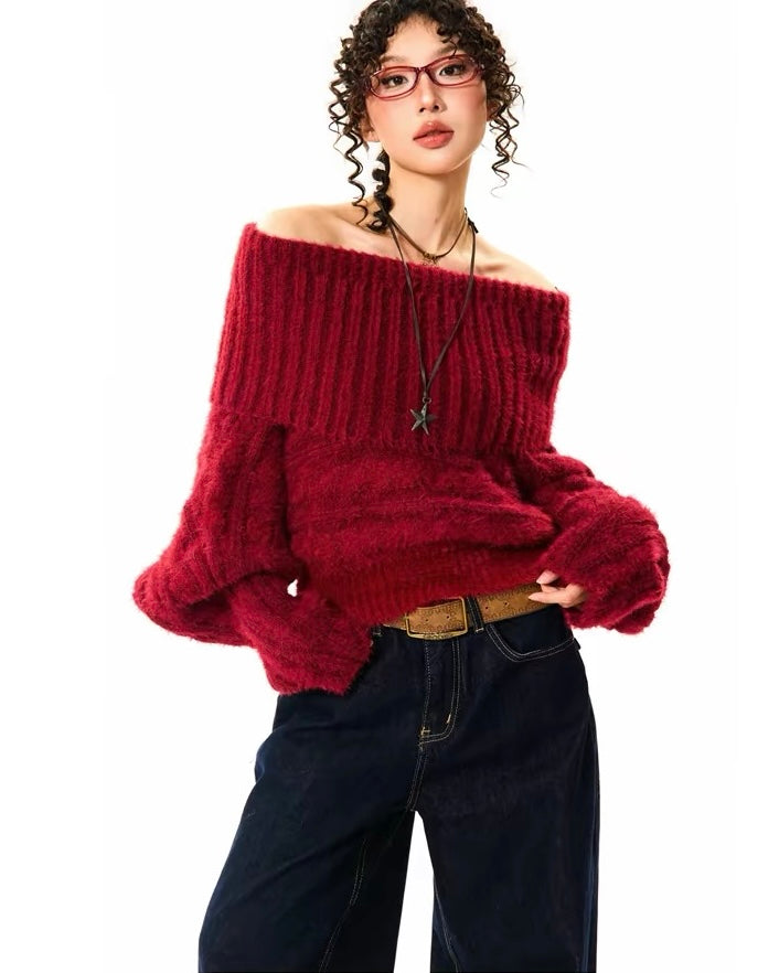 Off-Shoulder Fuzzy Knit Sweater