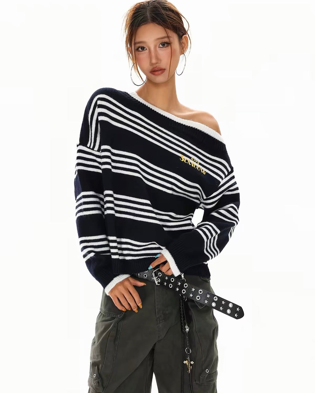 Off-Shoulder Striped Knit Sweater