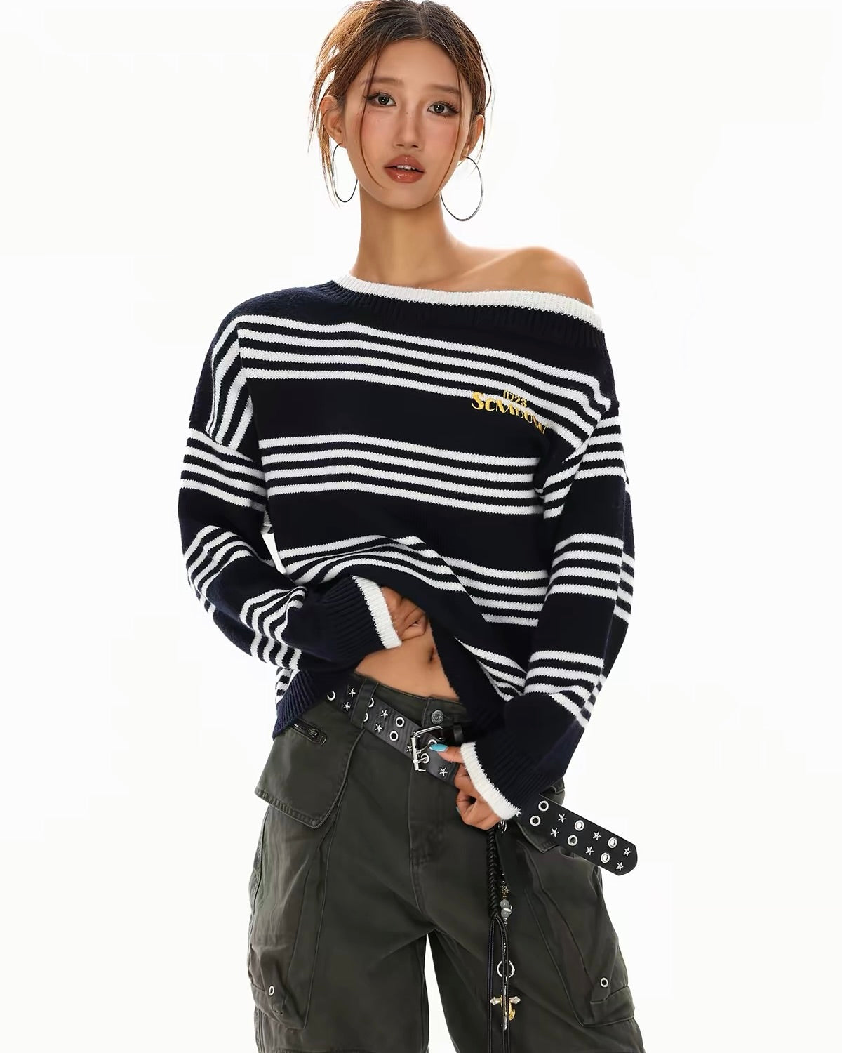 Off-Shoulder Striped Knit Sweater
