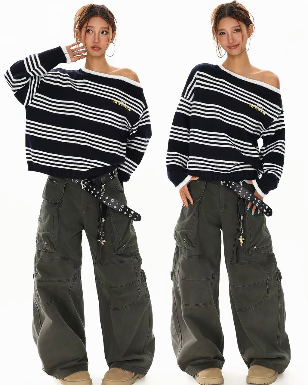 Off-Shoulder Striped Knit Sweater