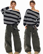 Off-Shoulder Striped Knit Sweater