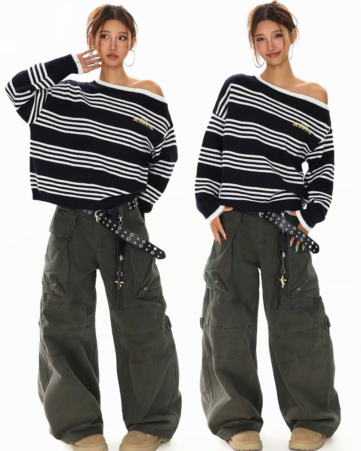 Off-Shoulder Striped Knit Sweater