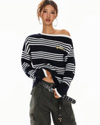 Off-Shoulder Striped Knit Sweater