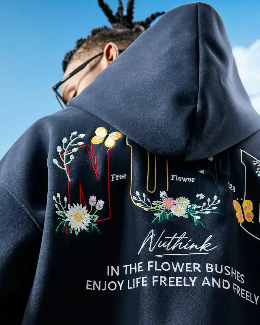 Floral Embroidered Oversize Zip Hoodie