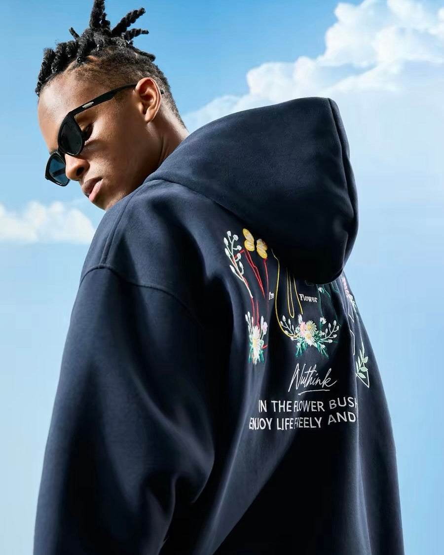 Floral Embroidered Oversize Zip Hoodie
