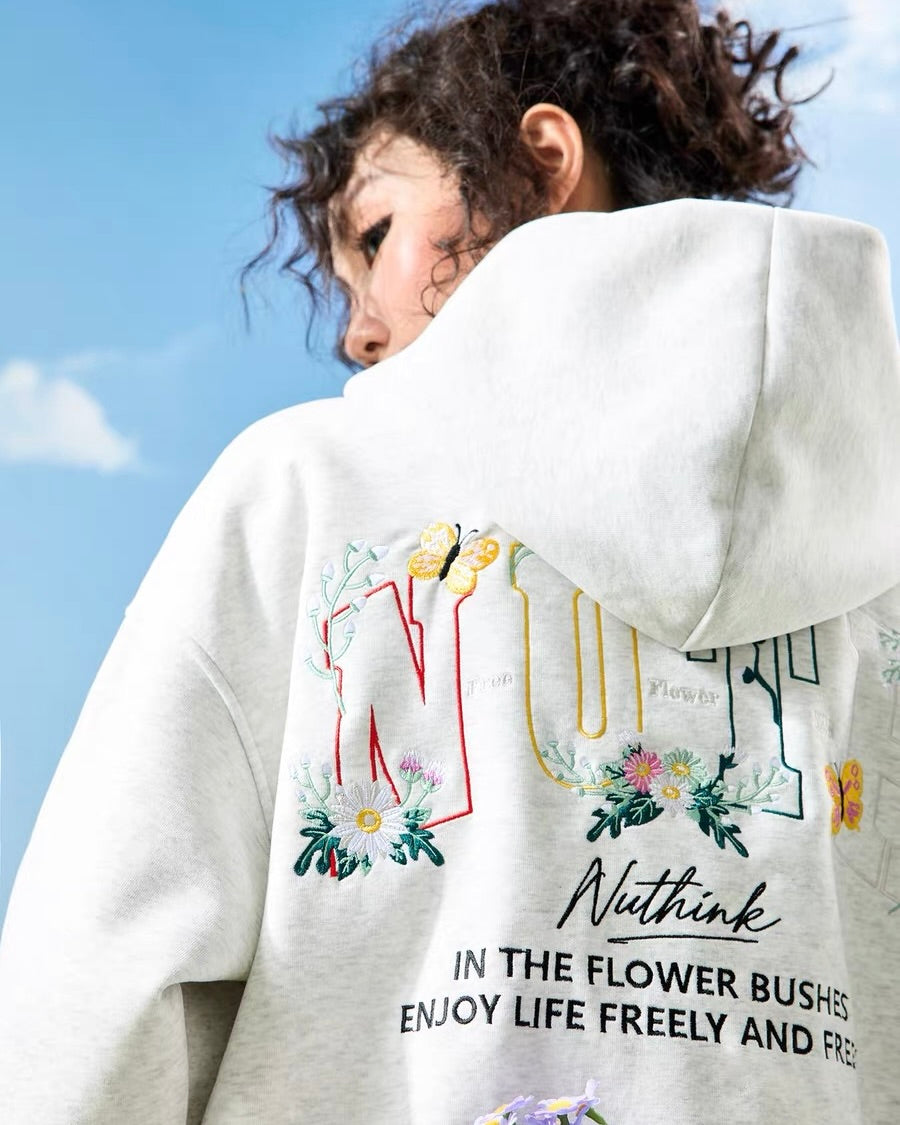 Floral Embroidered Oversize Zip Hoodie