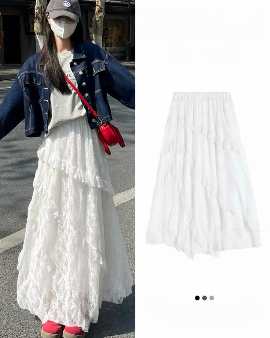 White Lace Layered Maxi Skirt