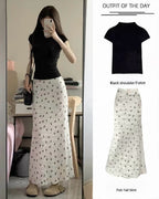 Black Shoulder T-Shirt + Ribbon Textured Fish Tail Skirt