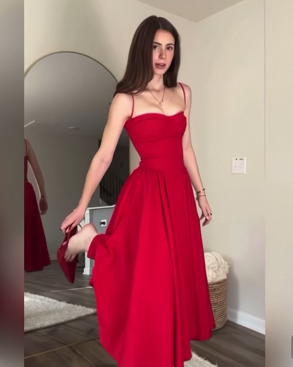 Elegant Red Midi Dress (With Pockets)